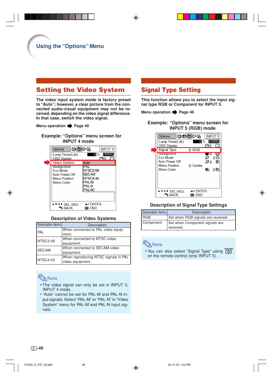Setting the video system, Signal type setting, Using the “options” menu | Sharp DT-400 User Manual | Page 48 / 67