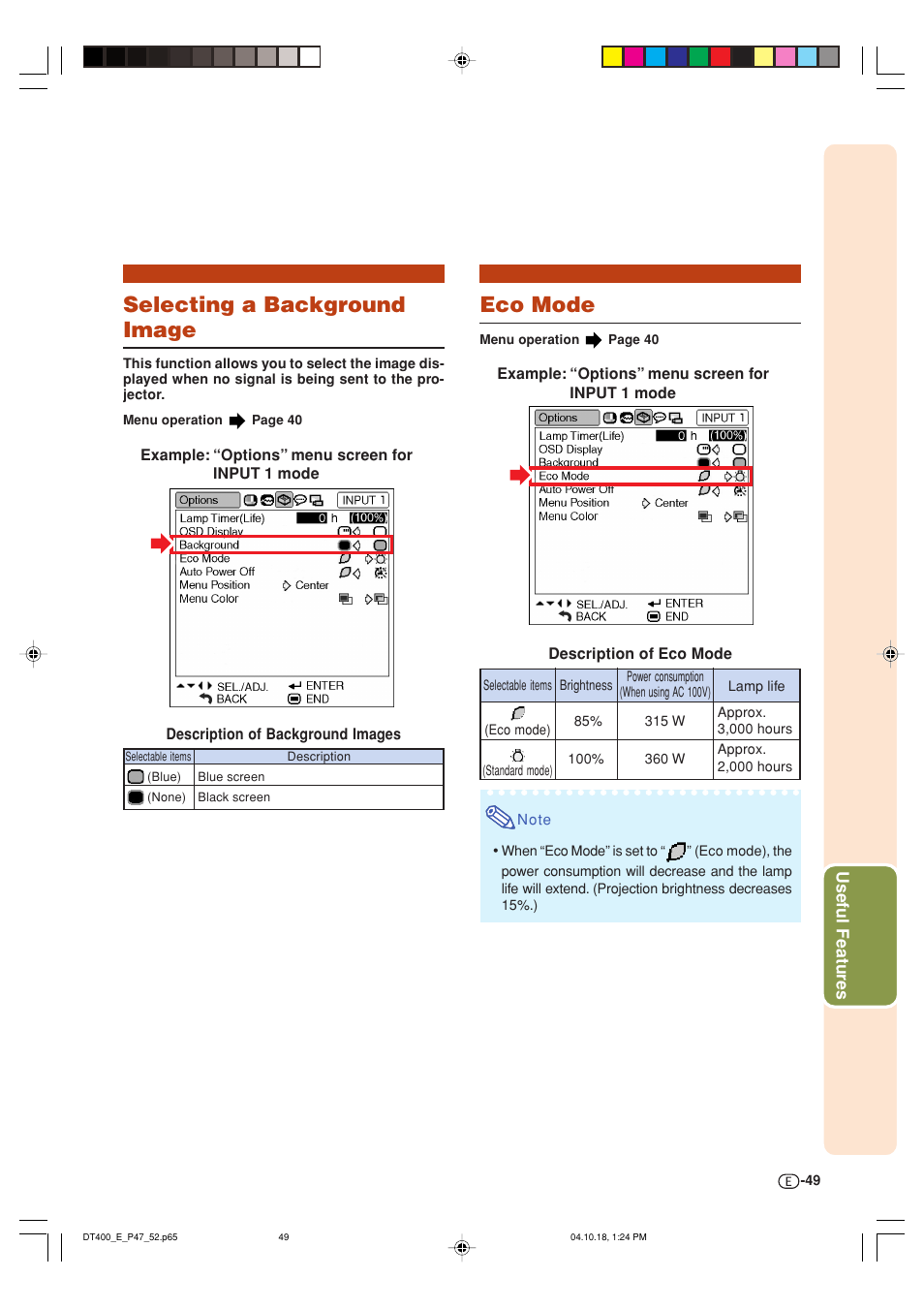 Eco mode, Selecting a background image | Sharp DT-400 User Manual | Page 49 / 67