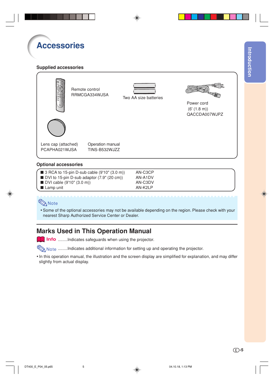 Accessories, Marks used in this operation manual | Sharp DT-400 User Manual | Page 5 / 67
