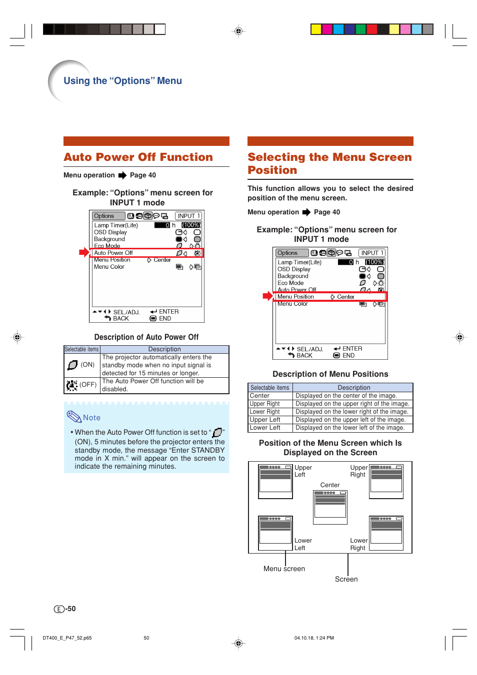 Auto power off function, Selecting the menu screen position, Using the “options” menu | Sharp DT-400 User Manual | Page 50 / 67