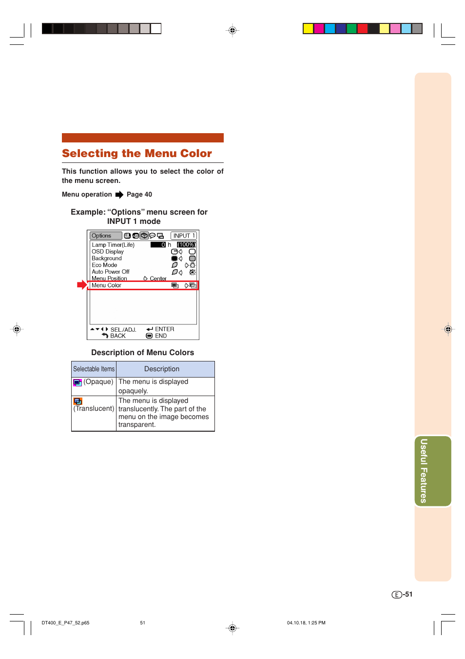 Selecting the menu color | Sharp DT-400 User Manual | Page 51 / 67