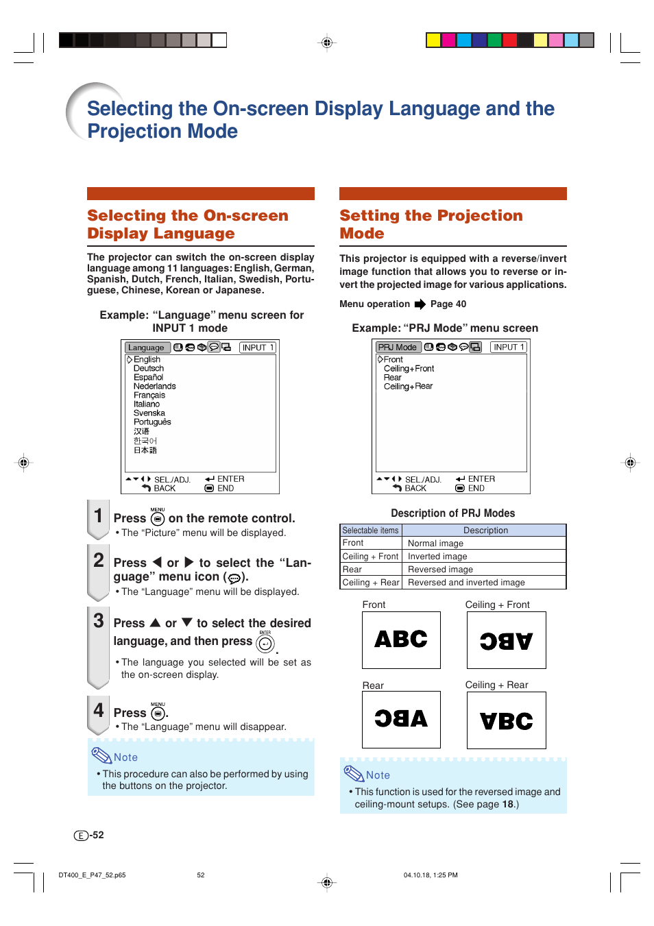 Selecting the on-screen display language, Setting the projection mode | Sharp DT-400 User Manual | Page 52 / 67