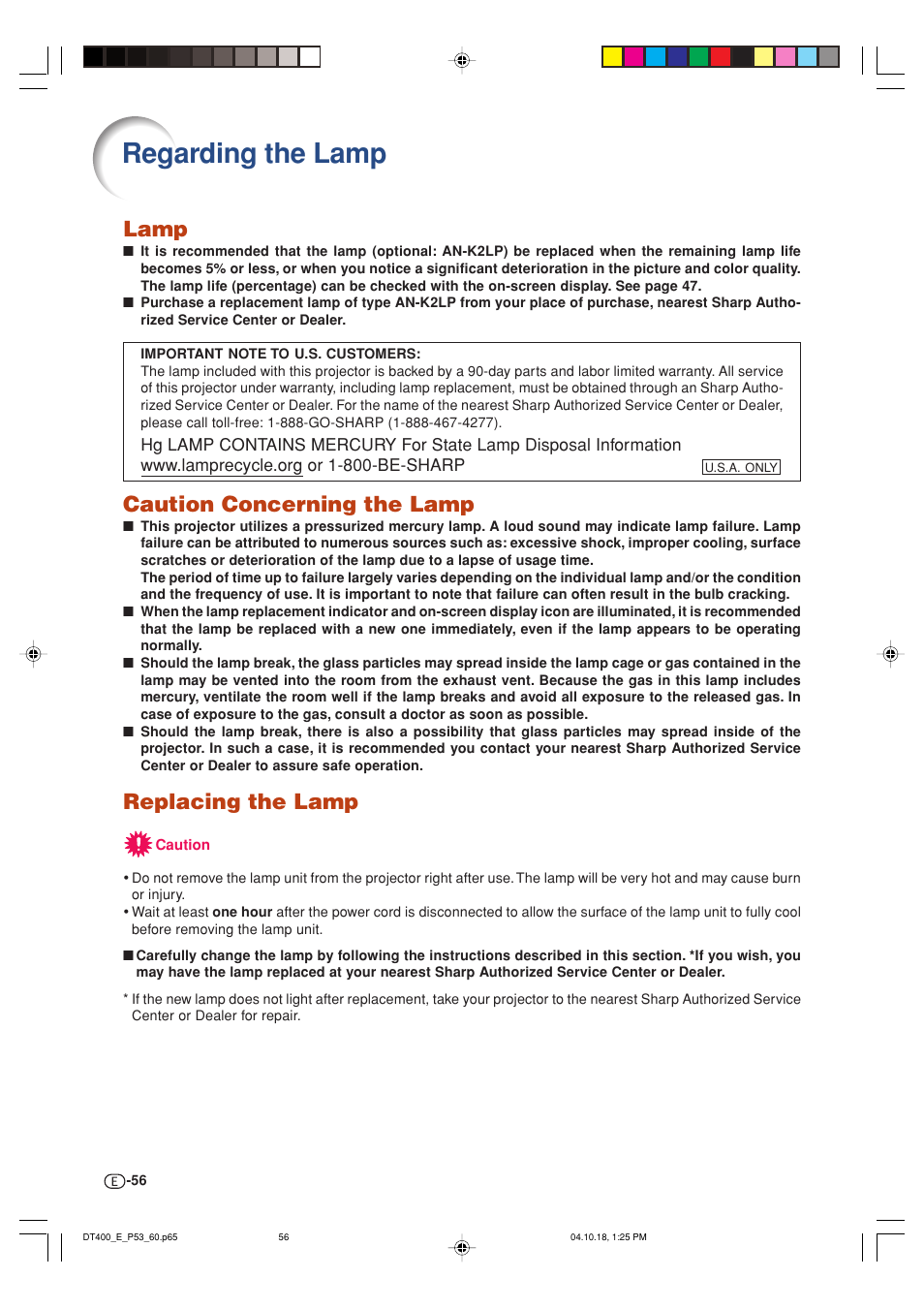 Regarding the lamp, Lamp, Caution concerning the lamp | Replacing the lamp | Sharp DT-400 User Manual | Page 56 / 67