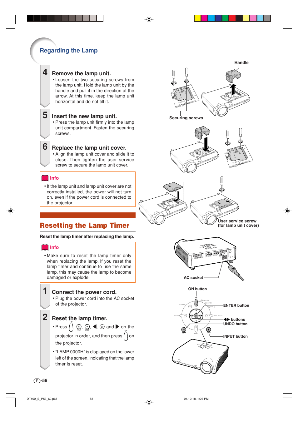 Resetting the lamp timer, Regarding the lamp | Sharp DT-400 User Manual | Page 58 / 67