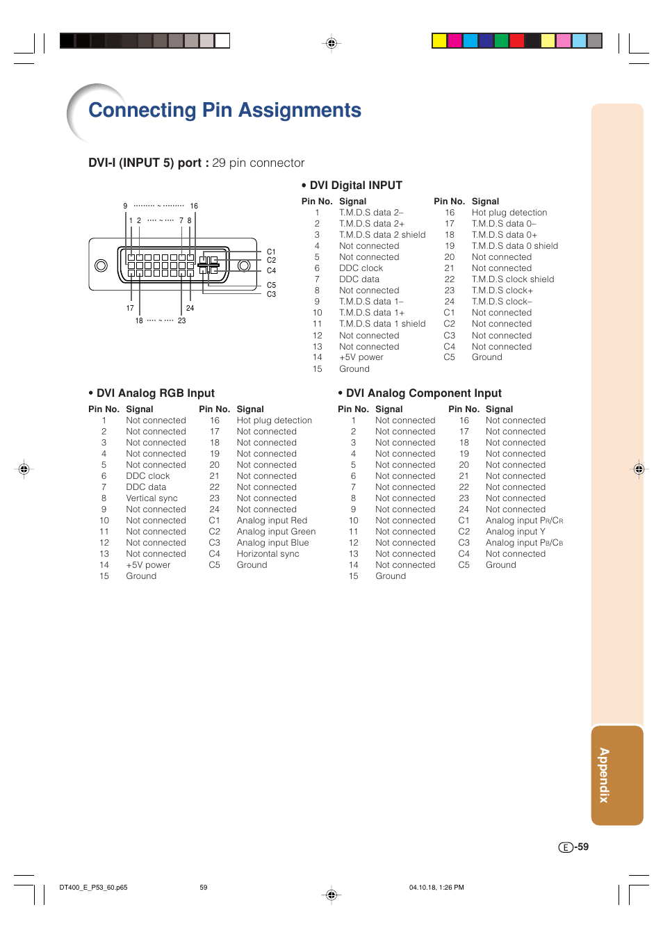 Connecting pin assignments, Appendix, Dvi-i (input 5) port : 29 pin connector | Dvi digital input, Dvi analog rgb input, Dvi analog component input | Sharp DT-400 User Manual | Page 59 / 67