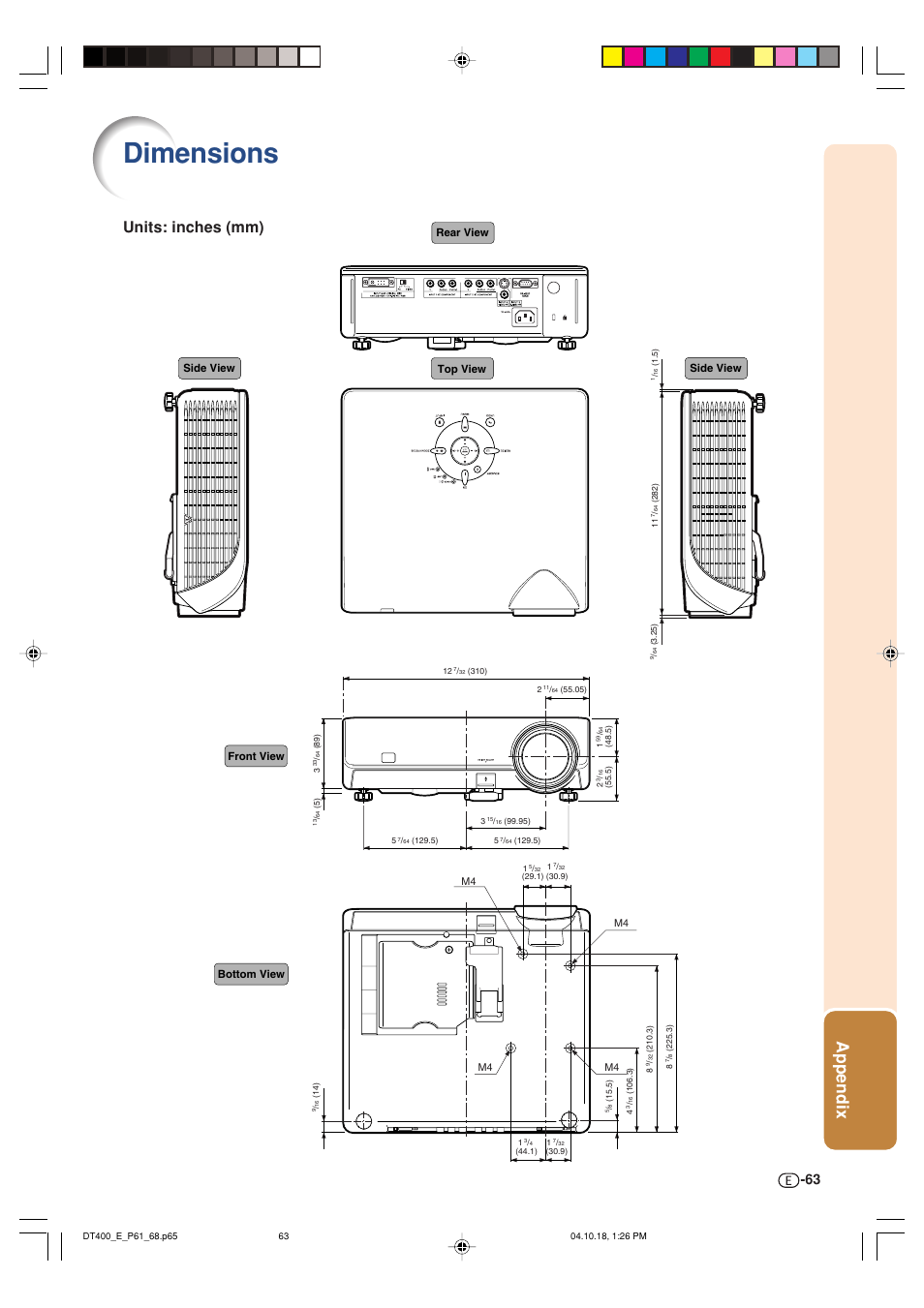 Dimensions, Appendix, Units: inches (mm) | Sharp DT-400 User Manual | Page 63 / 67