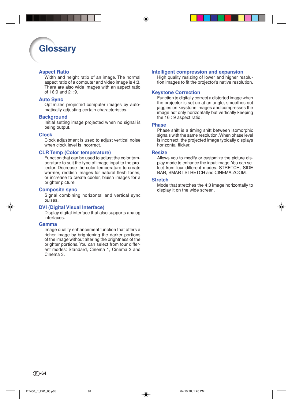 Glossary | Sharp DT-400 User Manual | Page 64 / 67