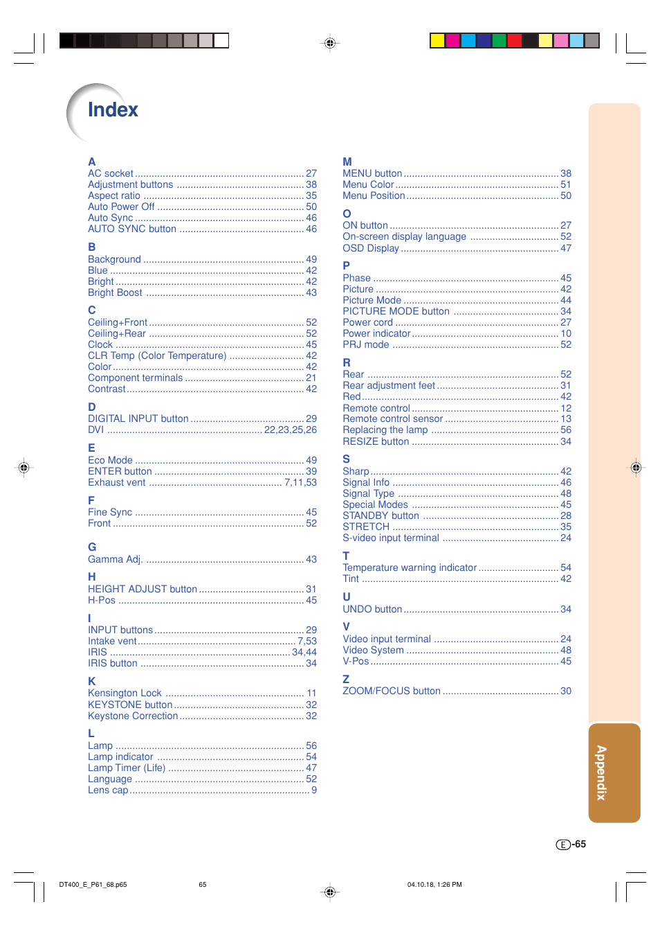 Index | Sharp DT-400 User Manual | Page 65 / 67