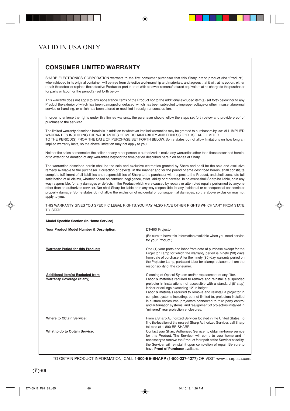 Valid in usa only, Consumer limited warranty | Sharp DT-400 User Manual | Page 66 / 67
