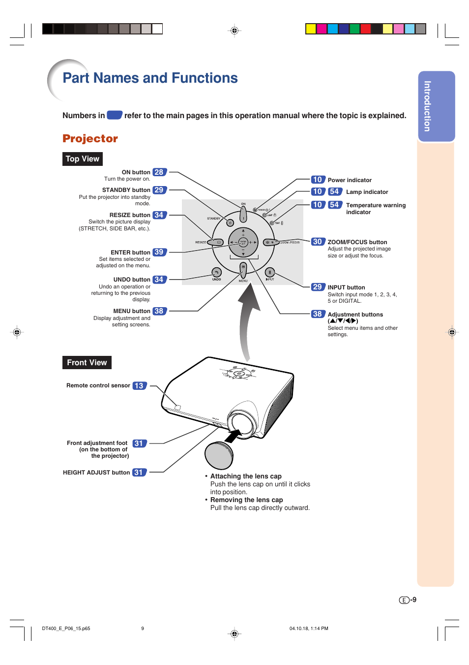 Part names and functions, Projector, Introduction | Sharp DT-400 User Manual | Page 9 / 67