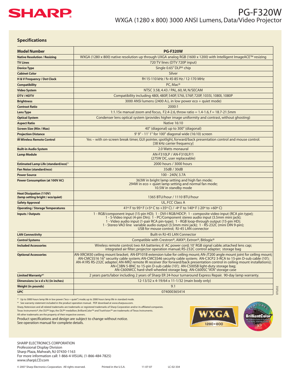 Pg-f320w, Specifications | Sharp Notevision PG-F320W User Manual | Page 2 / 2