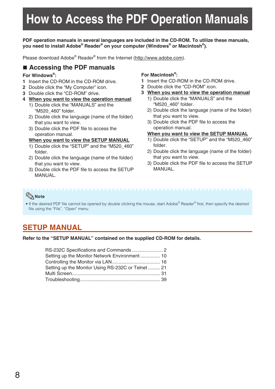 How to access the pdf operation manuals, Setup manual, How to access the pdf operation | Manuals, N accessing the pdf manuals | Sharp TL-M4600 User Manual | Page 10 / 55