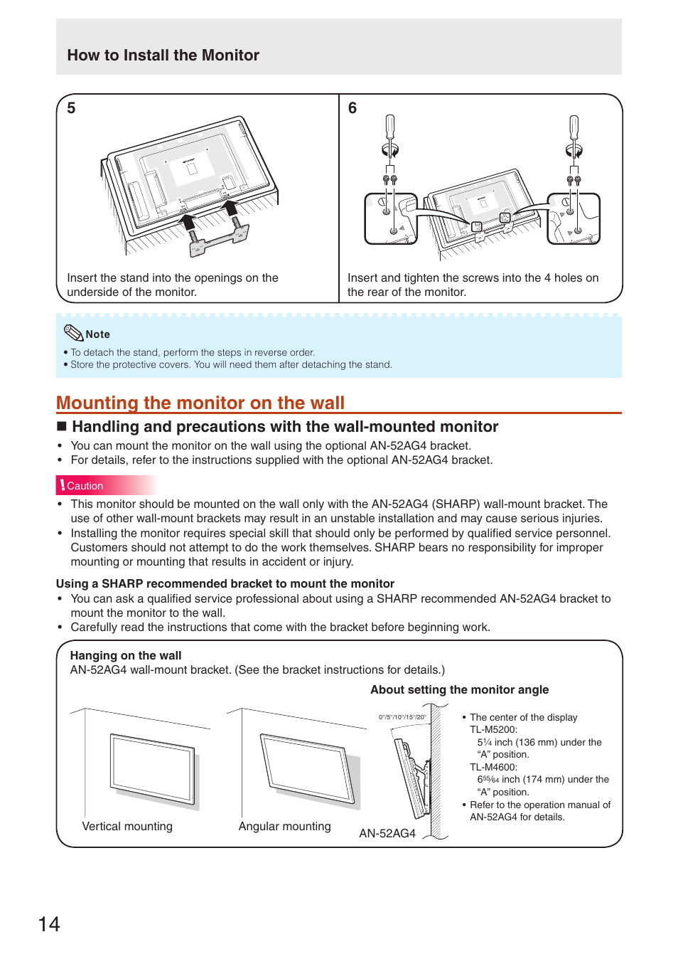 Mounting the monitor on the wall, Mounting the monitor on the wall ............. 4, How to install the monitor 5 6 | Sharp TL-M4600 User Manual | Page 16 / 55