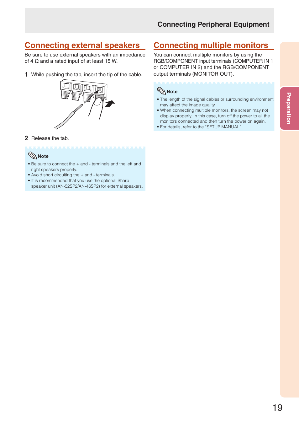 Connecting external speakers, Connecting multiple monitors, Connecting peripheral equipment | Sharp TL-M4600 User Manual | Page 21 / 55