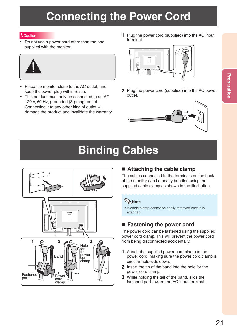 Connecting the power cord, Binding cables, Connecting the power cord binding cables | N attaching the cable clamp, N fastening the power cord | Sharp TL-M4600 User Manual | Page 23 / 55