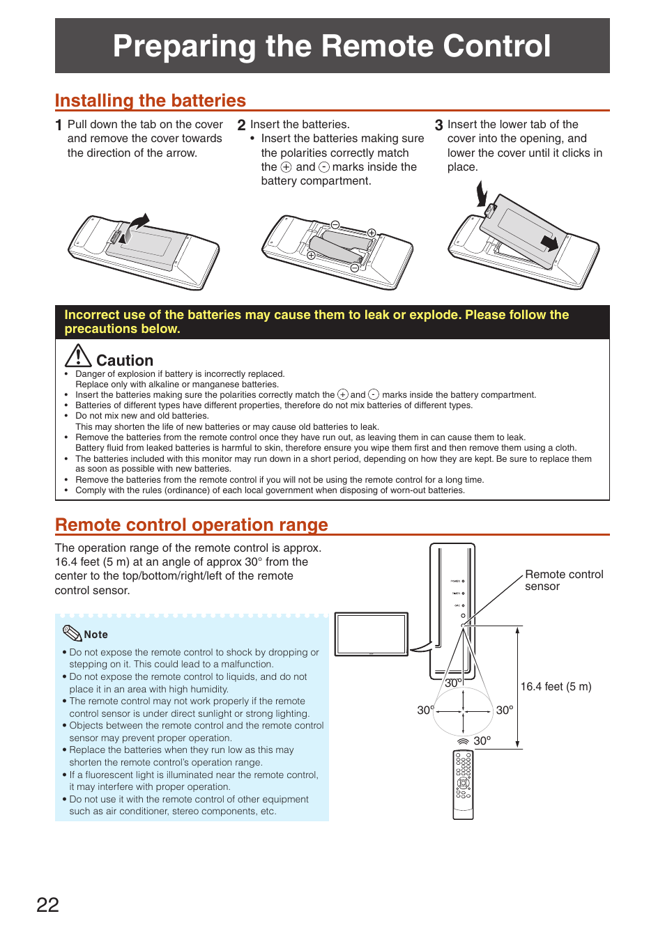 Preparing the remote control, Installing the batteries, Remote control operation range | Caution | Sharp TL-M4600 User Manual | Page 24 / 55