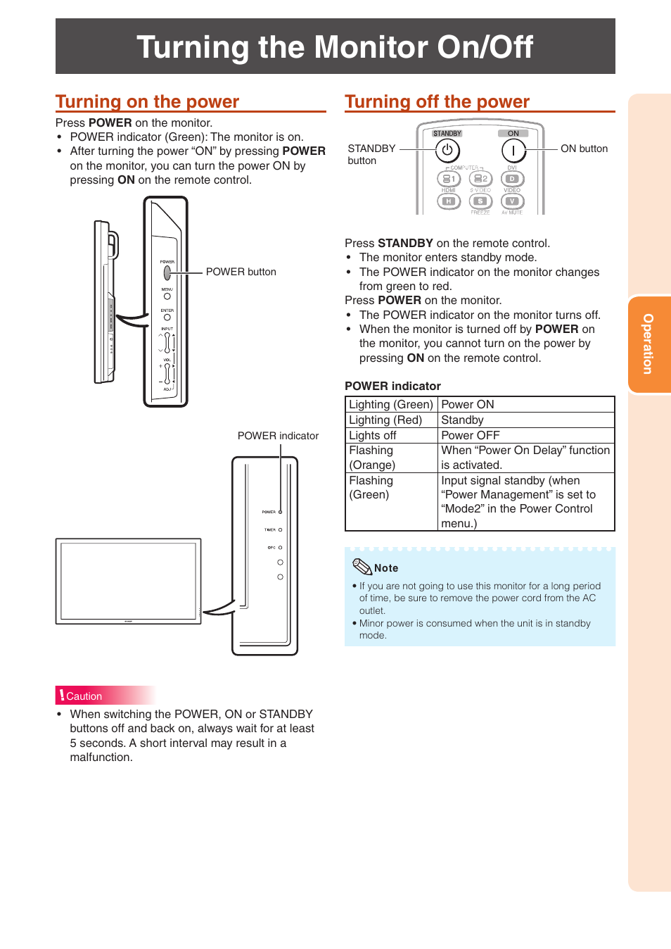 Operation, Turning the monitor on/off, Turning on the power | Turning off the power | Sharp TL-M4600 User Manual | Page 25 / 55
