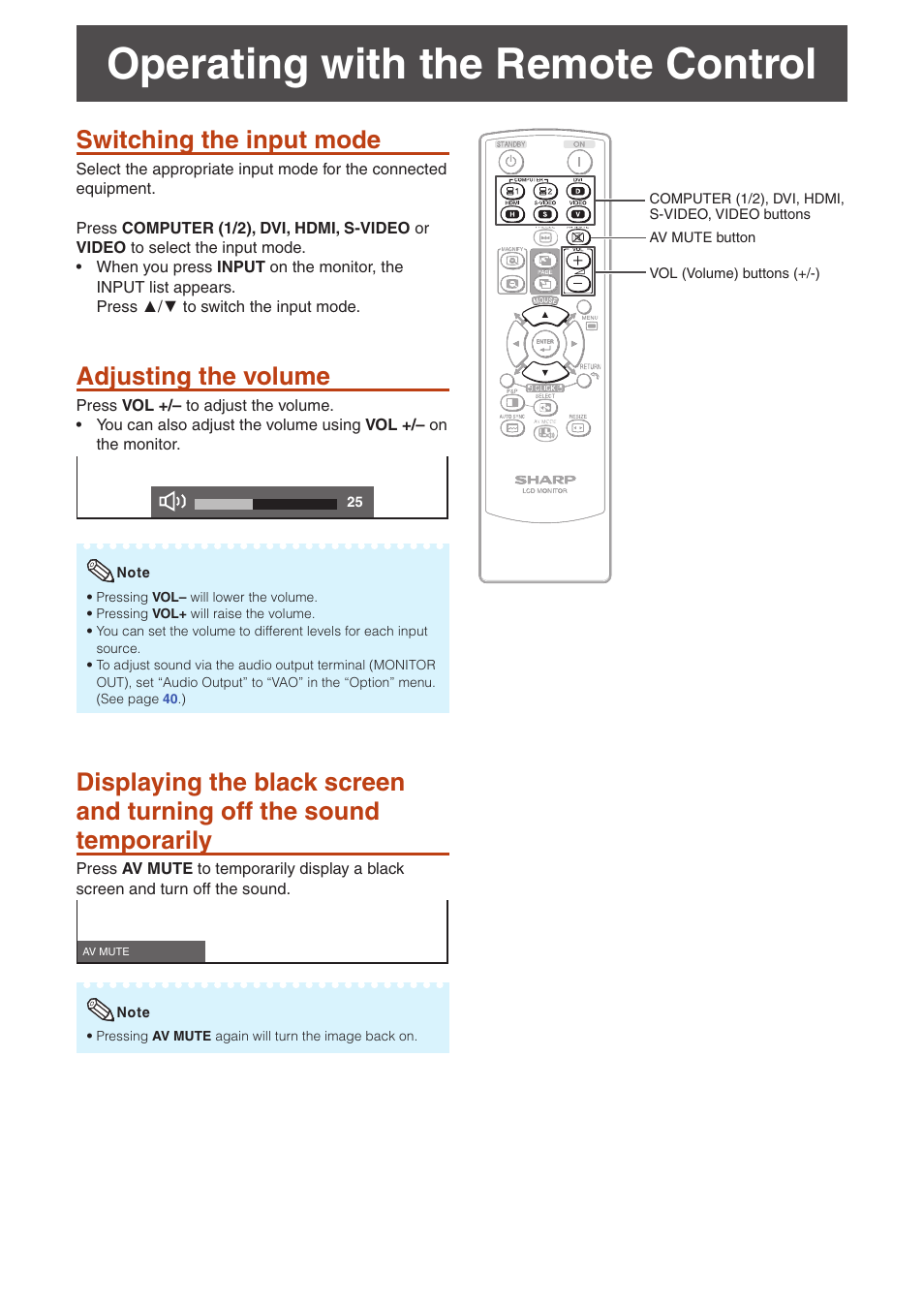 Operating with the remote control, Switching the input mode, Adjusting the volume | Sharp TL-M4600 User Manual | Page 26 / 55