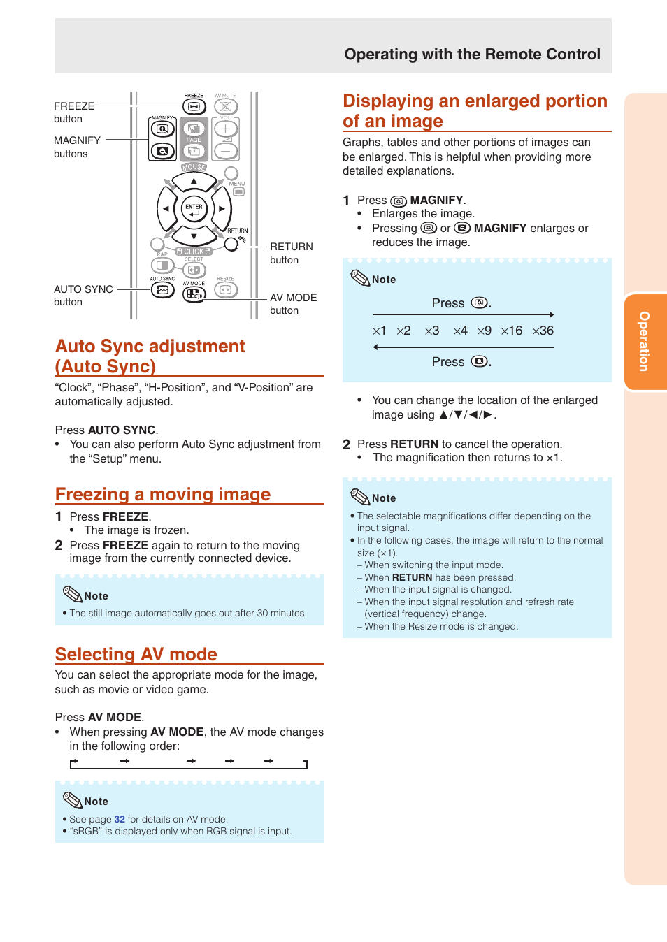 Auto sync adjustment (auto sync), Freezing a moving image, Selecting av mode | Displaying an enlarged portion of an image, Operating with the remote control | Sharp TL-M4600 User Manual | Page 29 / 55
