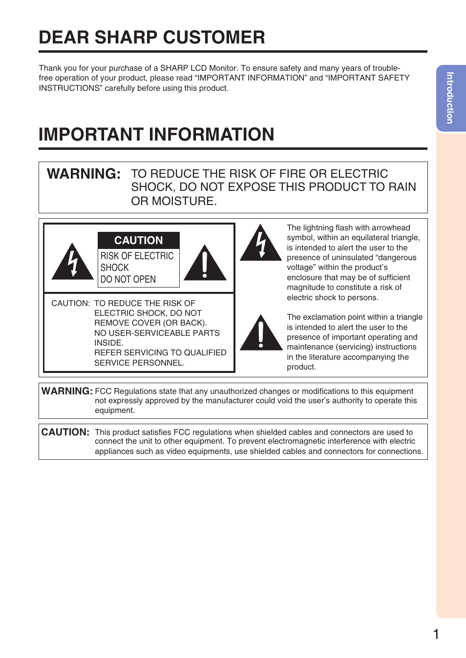 Introduction, Dear sharp customer, Important information | Warning | Sharp TL-M4600 User Manual | Page 3 / 55
