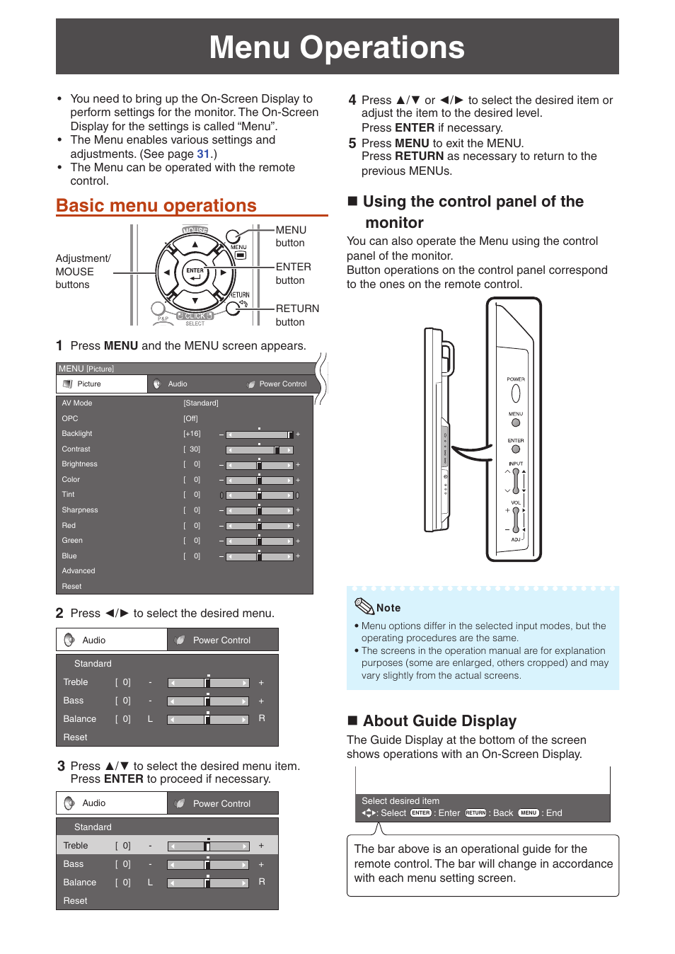 Menu operations, Basic menu operations, N using the control panel of the monitor | N about guide display | Sharp TL-M4600 User Manual | Page 32 / 55
