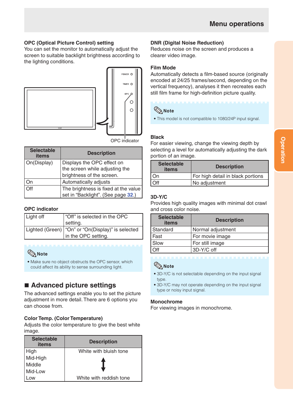 N advanced picture settings, Menu operations | Sharp TL-M4600 User Manual | Page 35 / 55