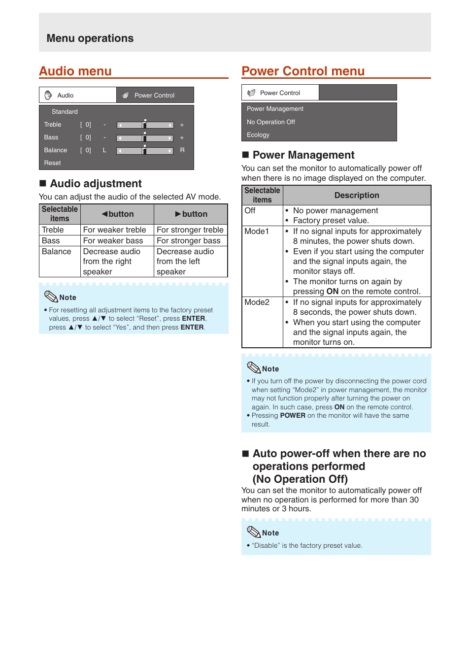 Audio menu, Power control menu, Audio menu power control menu | N audio adjustment, N power management, Menu operations | Sharp TL-M4600 User Manual | Page 36 / 55