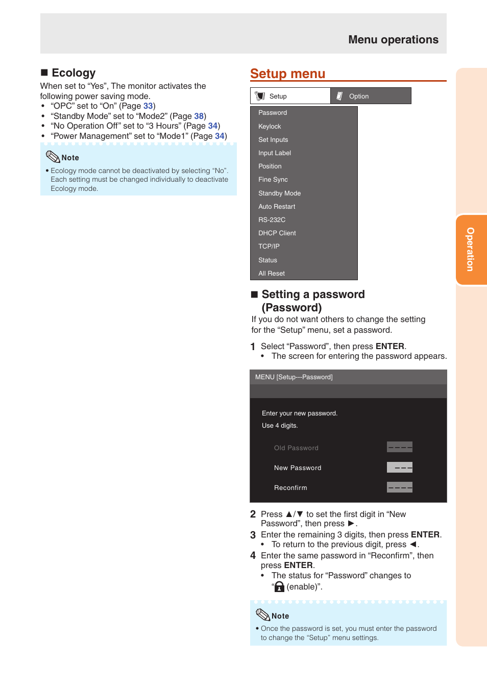 Setup menu, N ecology, N setting a password (password) | Menu operations | Sharp TL-M4600 User Manual | Page 37 / 55