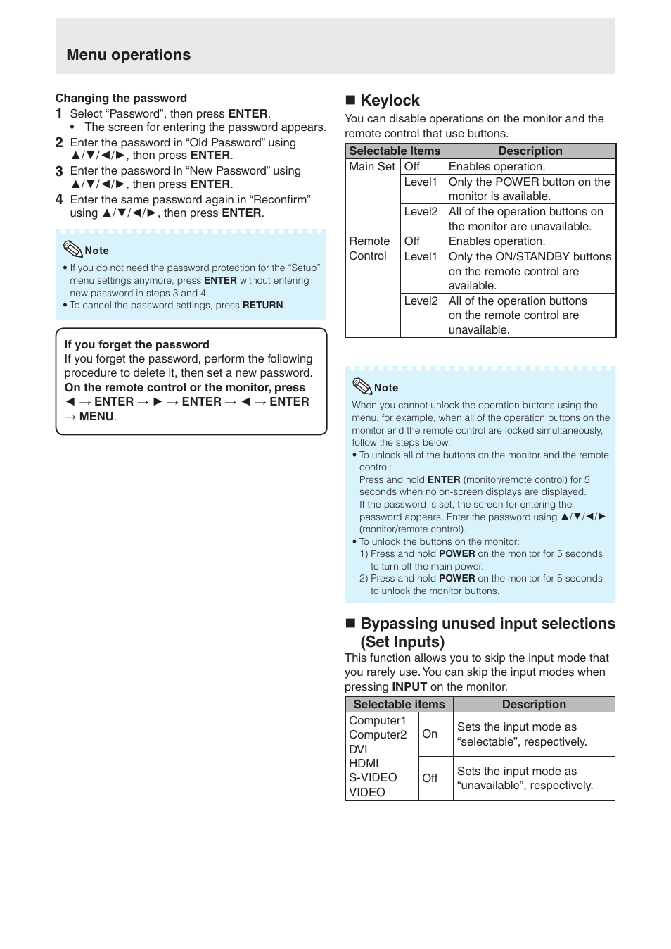 N keylock, N bypassing unused input selections (set inputs), Menu operations | Sharp TL-M4600 User Manual | Page 38 / 55