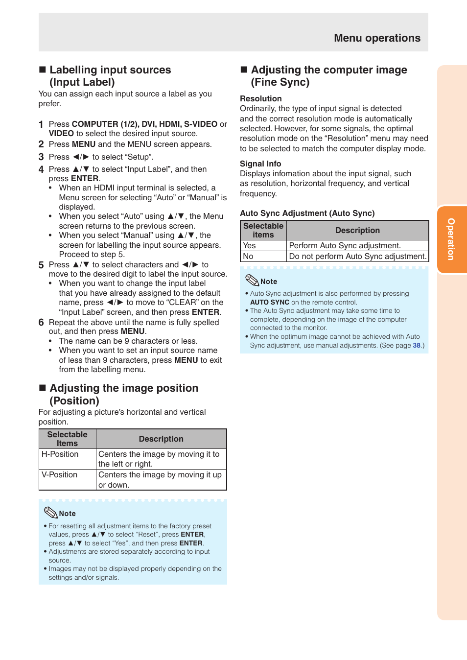 N labelling input sources (input label), N adjusting the image position (position), N adjusting the computer image (fine sync) | Menu operations | Sharp TL-M4600 User Manual | Page 39 / 55