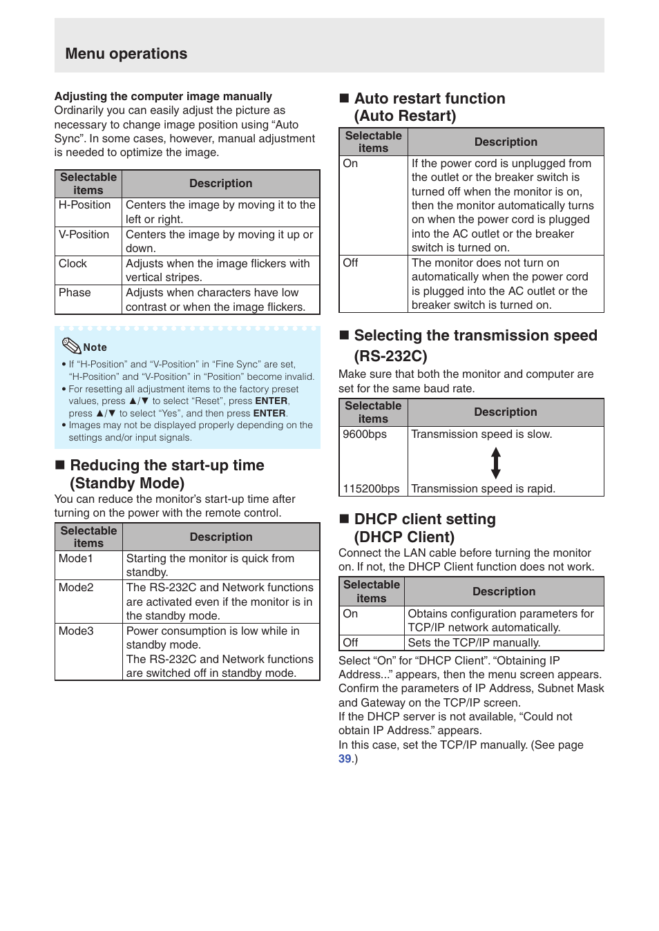 N reducing the start-up time (standby mode), N auto restart function (auto restart), N selecting the transmission speed (rs-232c) | N dhcp client setting (dhcp client), Menu operations | Sharp TL-M4600 User Manual | Page 40 / 55