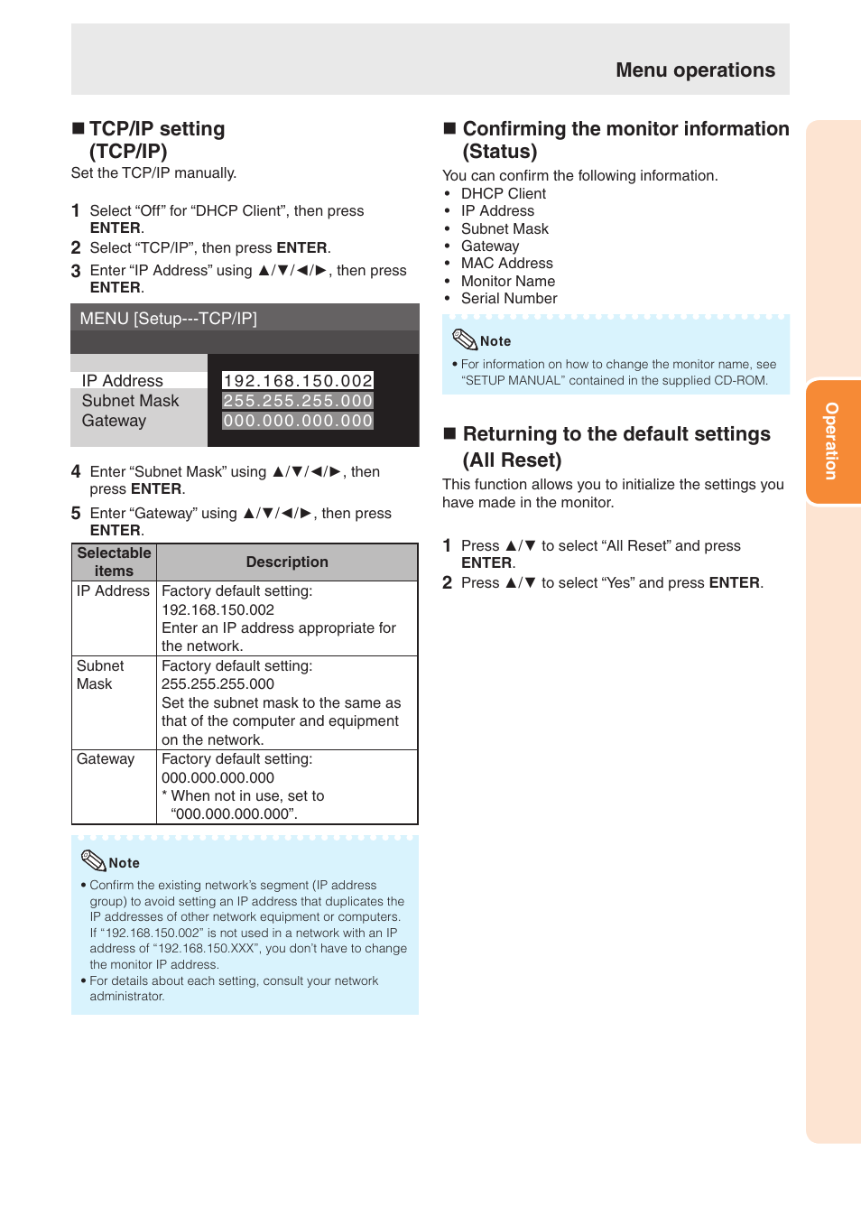 N tcp/ip setting (tcp/ip), N confirming the monitor information (status), N returning to the default settings (all reset) | Menu operations | Sharp TL-M4600 User Manual | Page 41 / 55