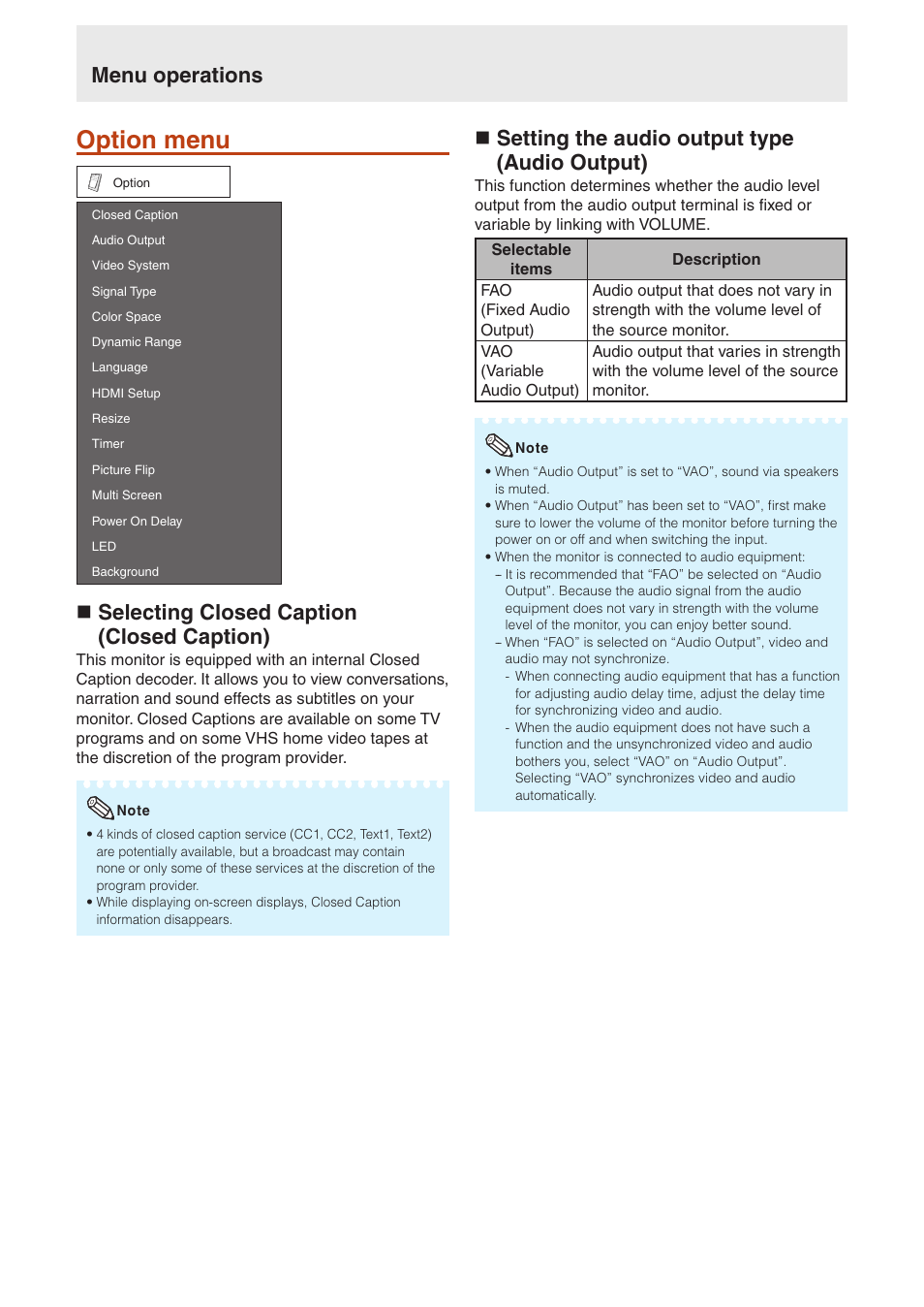 Option menu, N selecting closed caption (closed caption), N setting the audio output type (audio output) | Menu operations | Sharp TL-M4600 User Manual | Page 42 / 55
