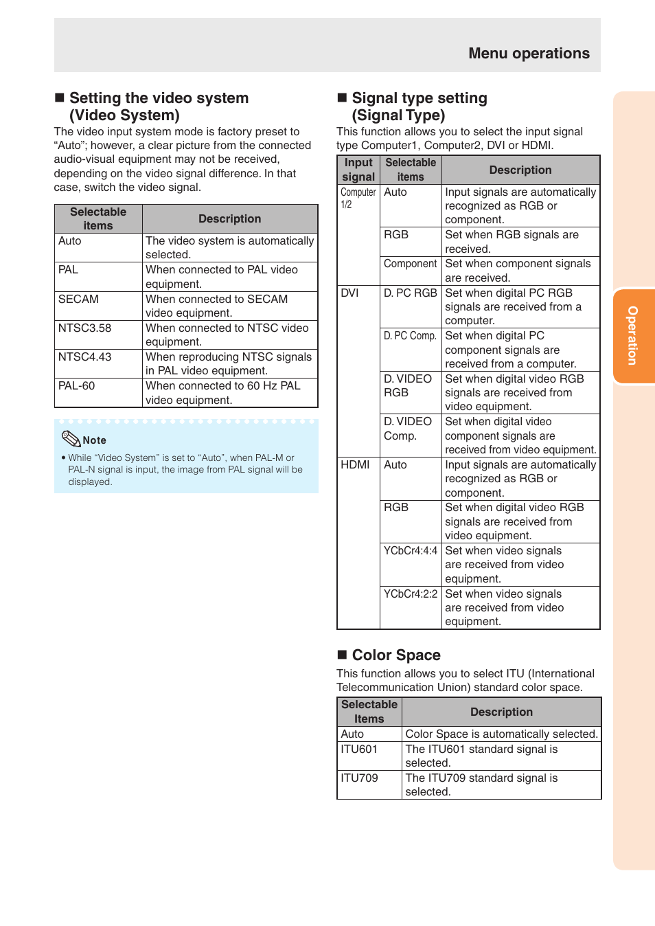 N setting the video system (video system), N signal type setting (signal type), N color space | Menu operations | Sharp TL-M4600 User Manual | Page 43 / 55