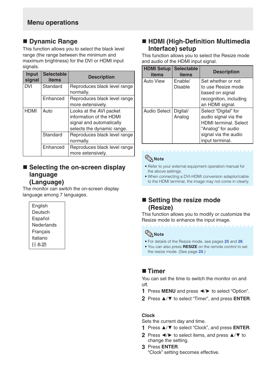 Menu operations n dynamic range, N setting the resize mode (resize), N timer | Sharp TL-M4600 User Manual | Page 44 / 55