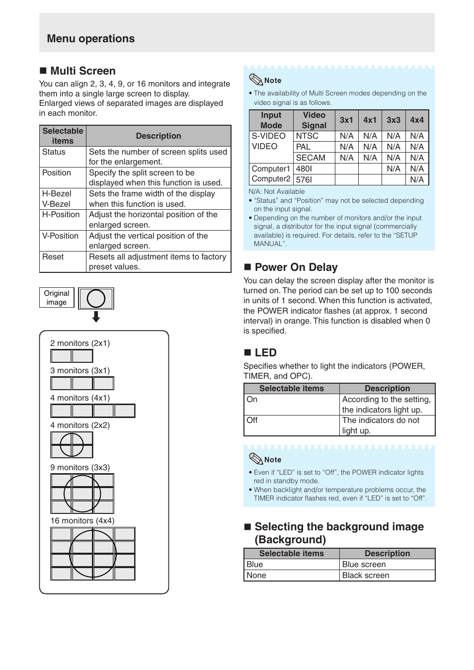 N multi screen, N power on delay, N led | N selecting the background image (background), Menu operations | Sharp TL-M4600 User Manual | Page 46 / 55
