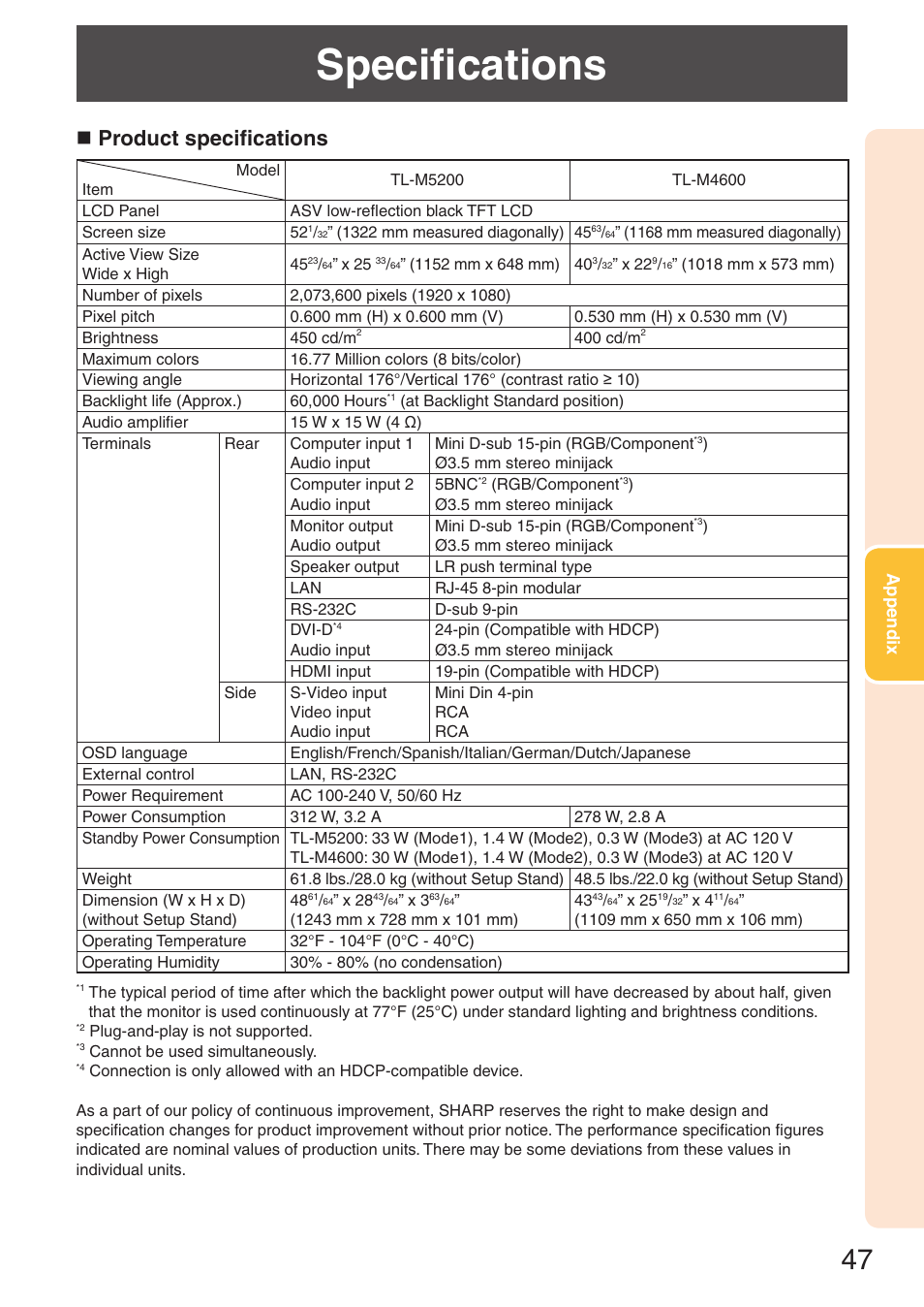 Specifications, N product specifications | Sharp TL-M4600 User Manual | Page 49 / 55