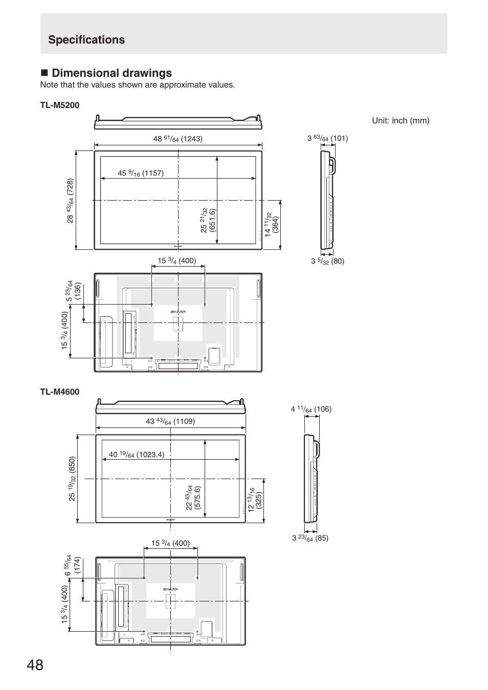 Specifications n dimensional drawings | Sharp TL-M4600 User Manual | Page 50 / 55