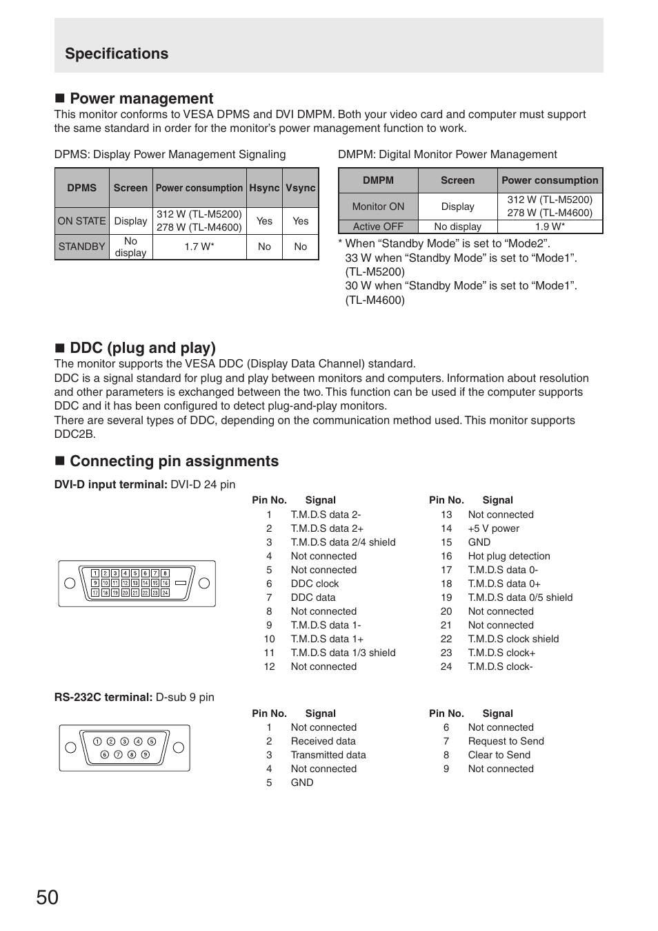 Specifications n power management, N ddc (plug and play), N connecting pin assignments | Sharp TL-M4600 User Manual | Page 52 / 55