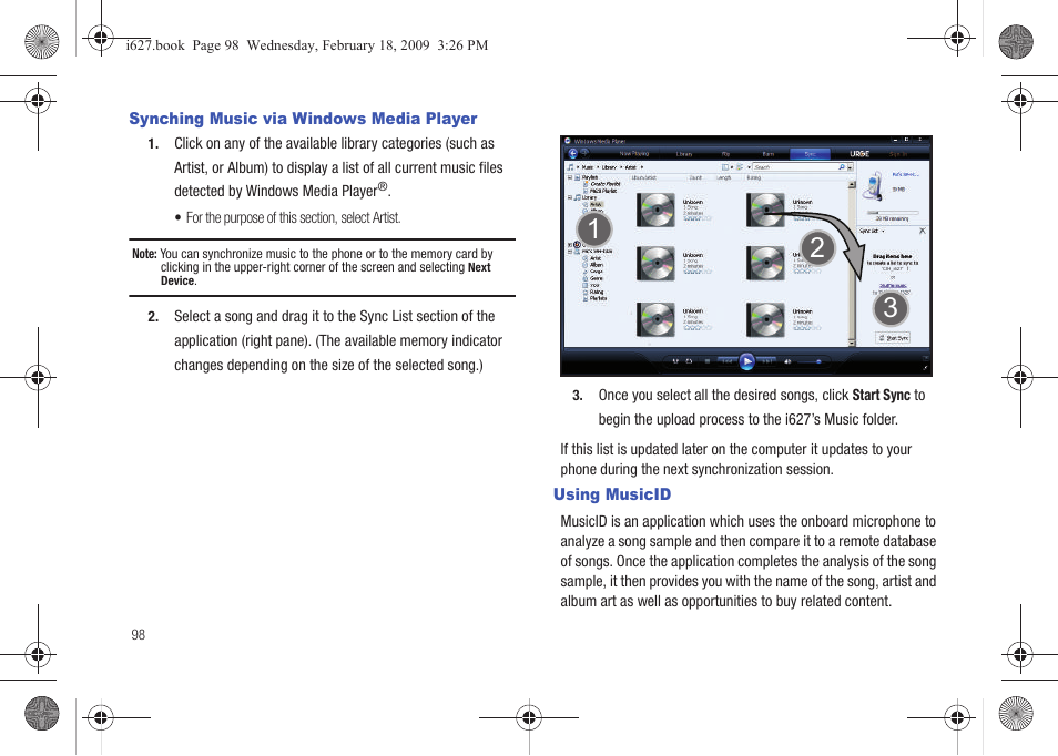 Synching music via windows media player, Using musicid | Sharp SGH-I627 User Manual | Page 102 / 156