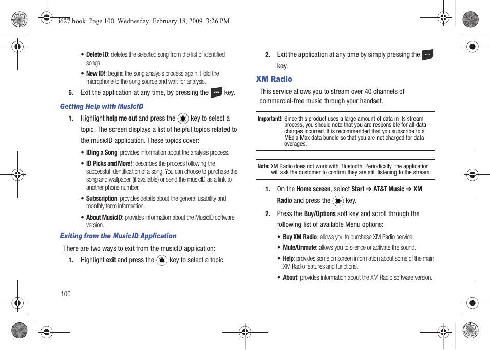 Xm radio | Sharp SGH-I627 User Manual | Page 104 / 156