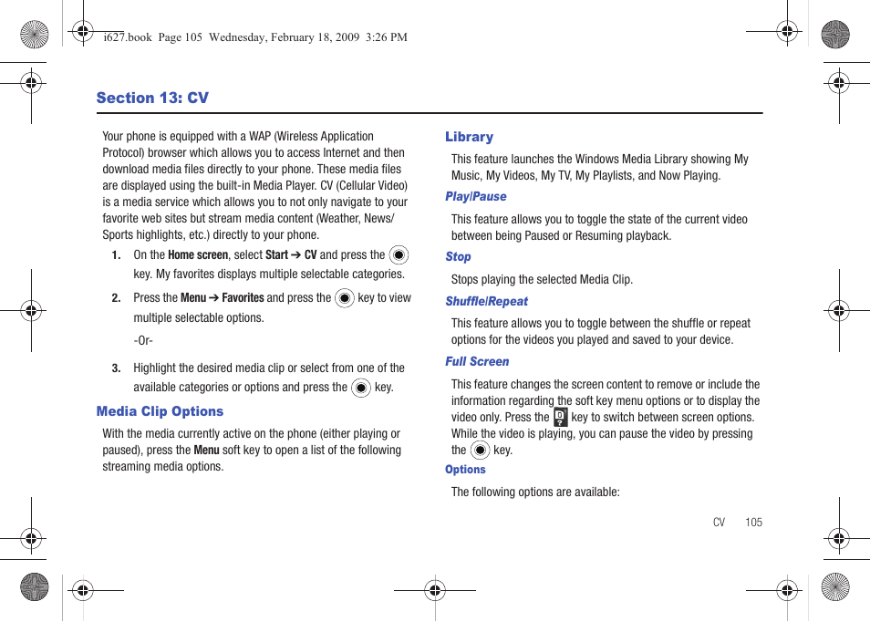 Section 13: cv, Media clip options, Library | Media clip options library | Sharp SGH-I627 User Manual | Page 109 / 156