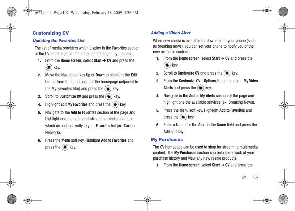 Customizing cv, My purchases, Customizing cv my purchases | Sharp SGH-I627 User Manual | Page 111 / 156