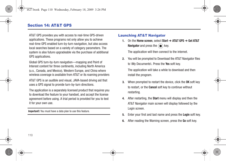 Section 14: at&t gps, Launching at&t navigator | Sharp SGH-I627 User Manual | Page 114 / 156