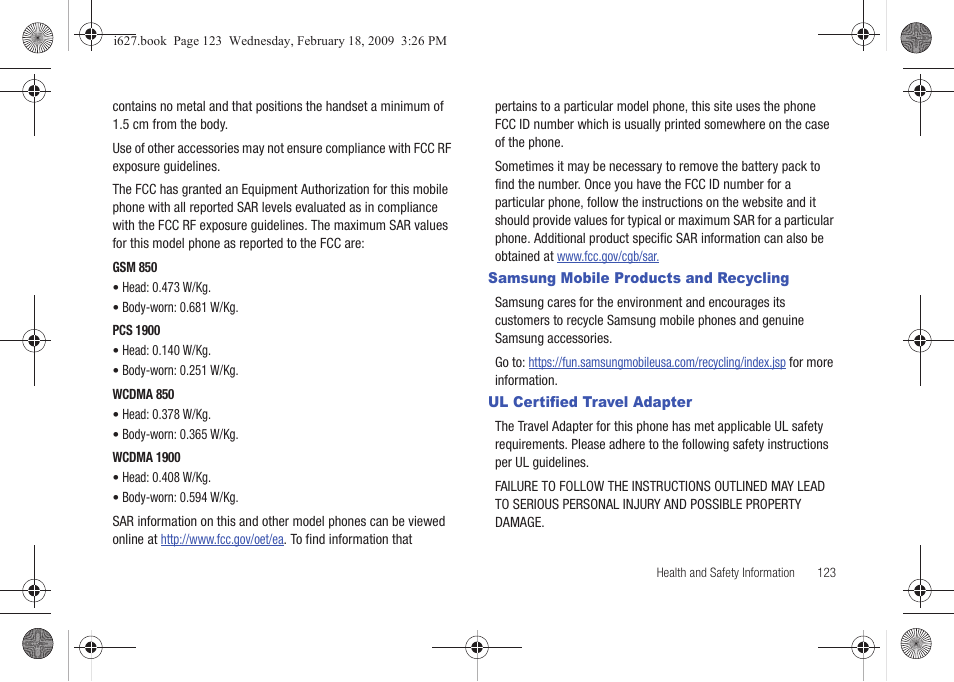 Samsung mobile products and recycling, Ul certified travel adapter | Sharp SGH-I627 User Manual | Page 127 / 156