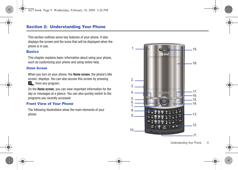 Section 2: understanding your phone, Basics, Front view of your phone | Basics front view of your phone | Sharp SGH-I627 User Manual | Page 13 / 156