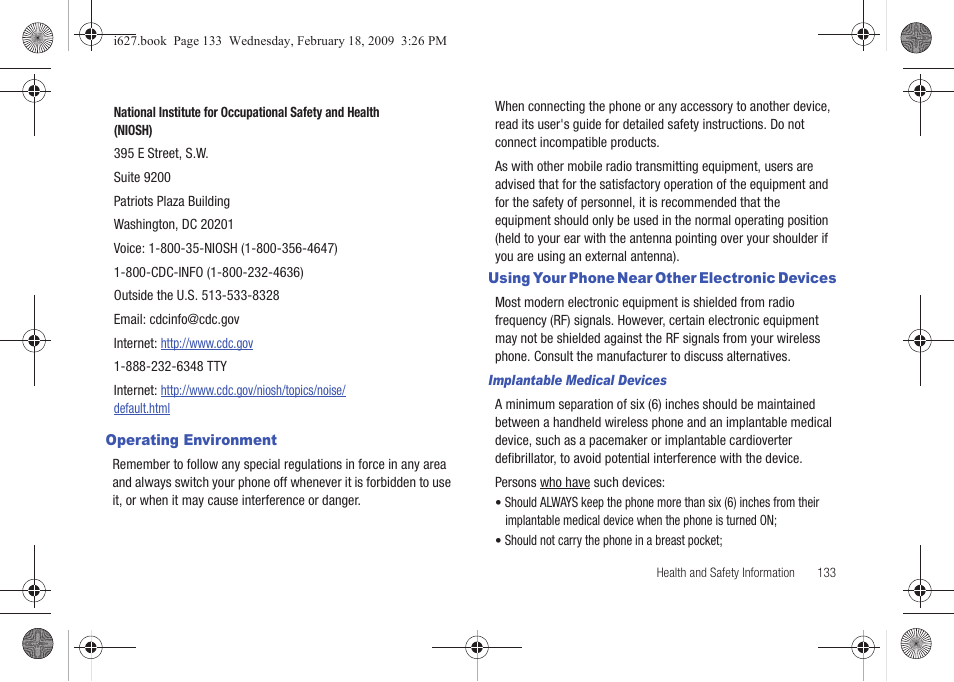 Operating environment, Using your phone near other electronic devices | Sharp SGH-I627 User Manual | Page 137 / 156