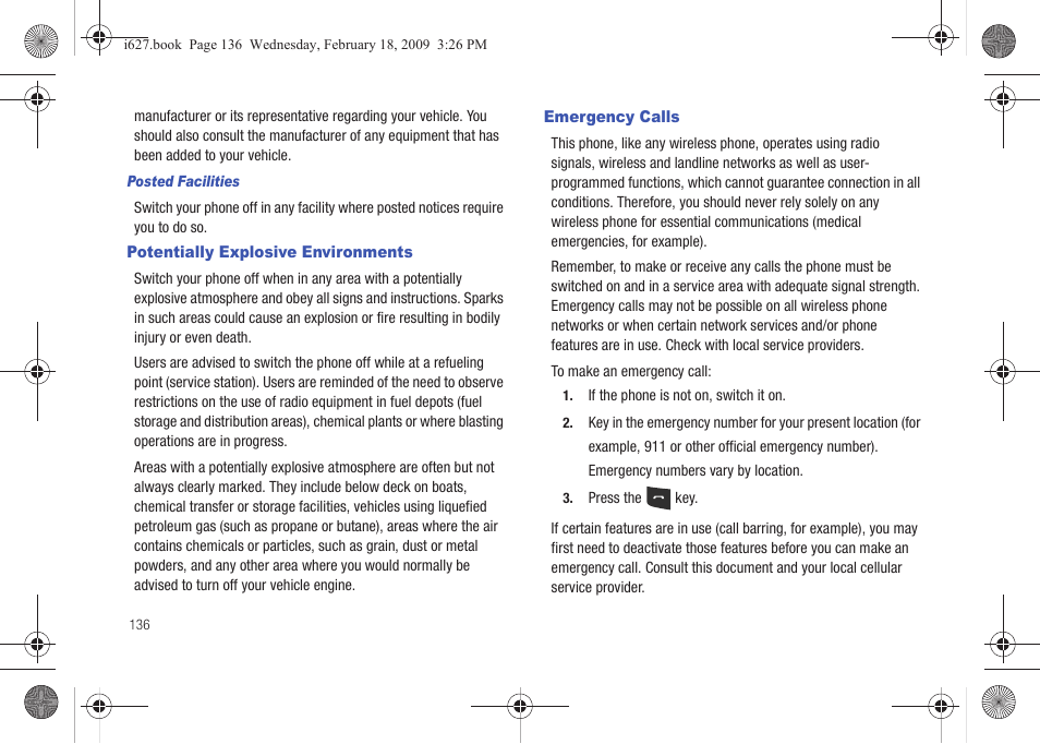 Potentially explosive environments, Emergency calls, Potentially explosive environments emergency calls | Sharp SGH-I627 User Manual | Page 140 / 156