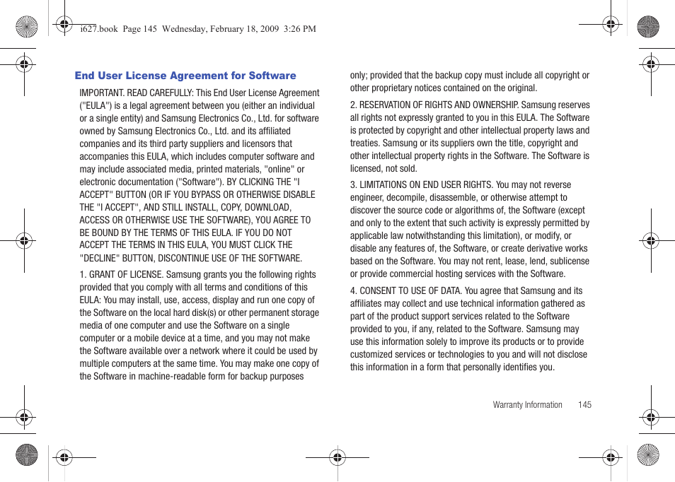 End user license agreement for software | Sharp SGH-I627 User Manual | Page 149 / 156