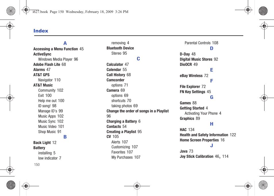 Index | Sharp SGH-I627 User Manual | Page 154 / 156